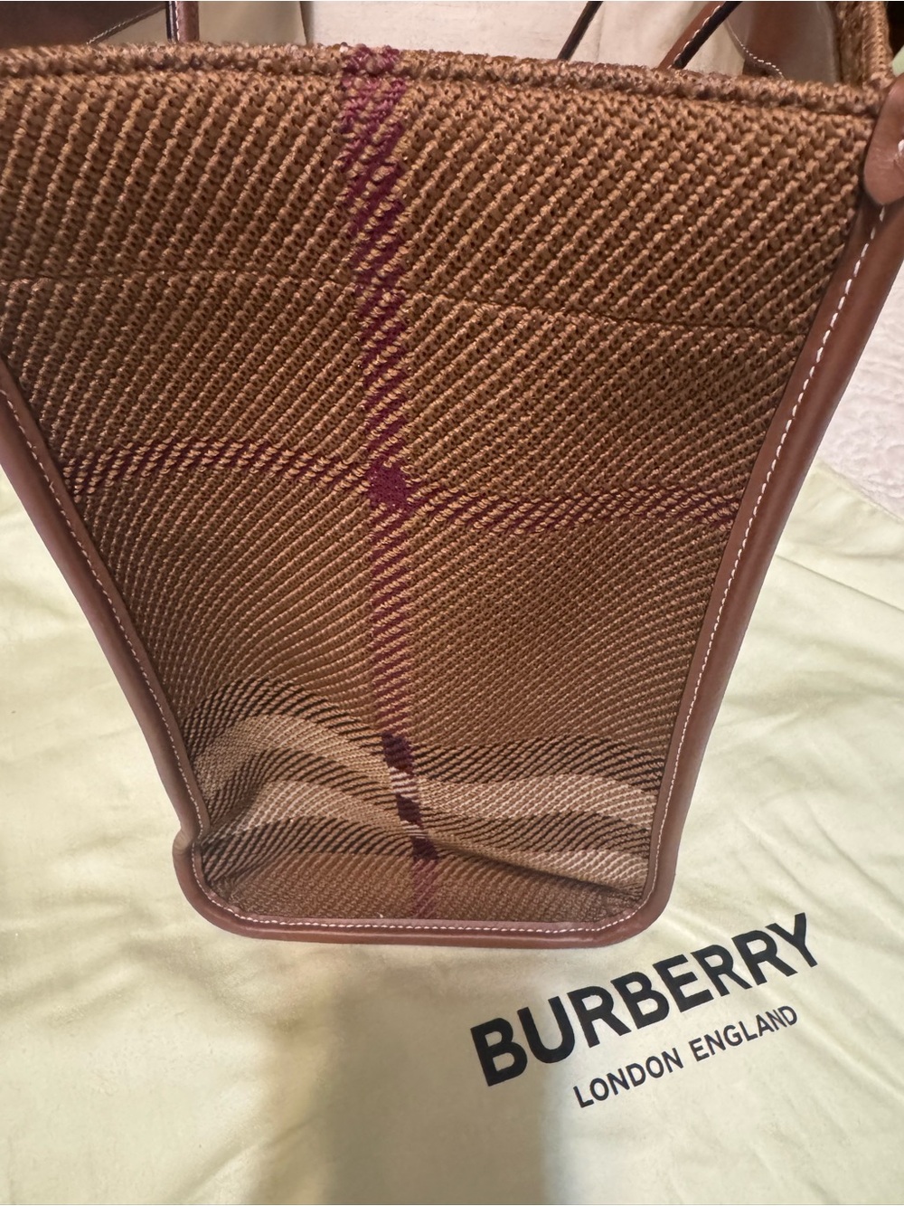 Burberry Brown Checked Canvas Knit Tote with Leather Trim - Picture 4 of 7